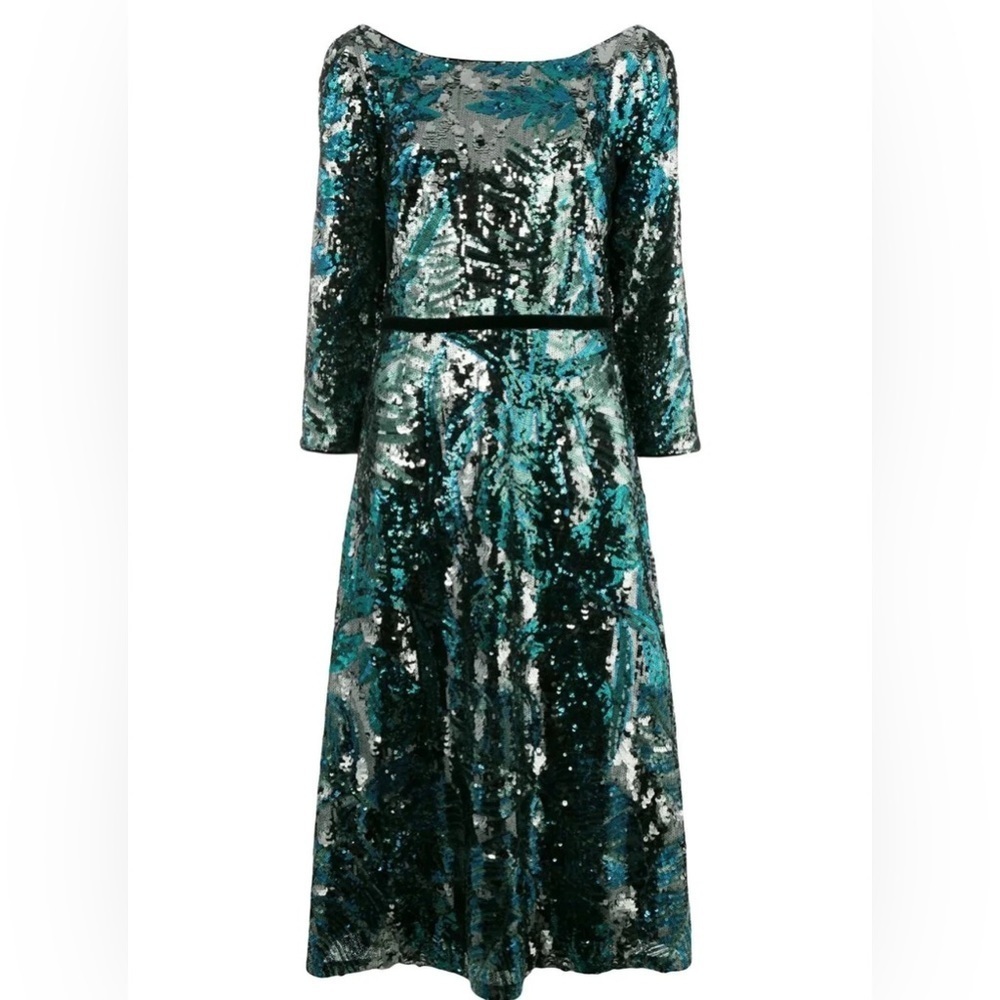 Marchesa Notte Womens Sequin Peacock Green Blue Formal Midi Tea Gown size 6